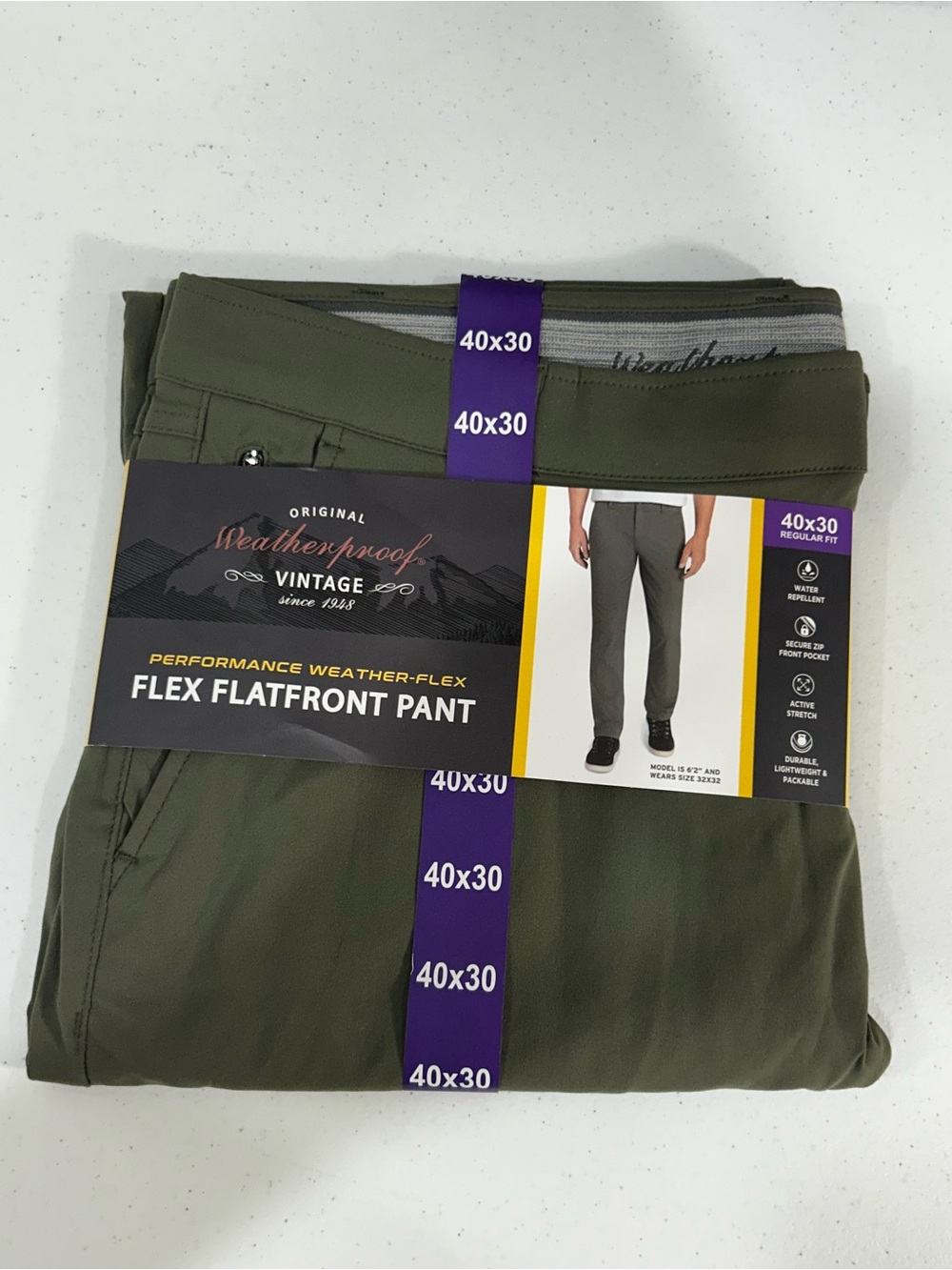Weatherproof Vintage | Flex Flatfront Pant | Faded Olive | Men’s | 40x30 | NWT